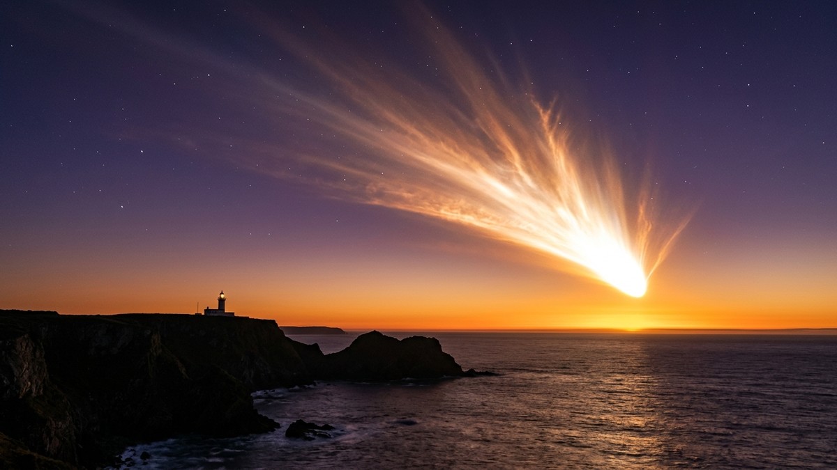 A brilliant comet with a wide fan-shaped tail illuminated by forward-scattered sunlight against a dramatic sunset sky above a coastal landscape