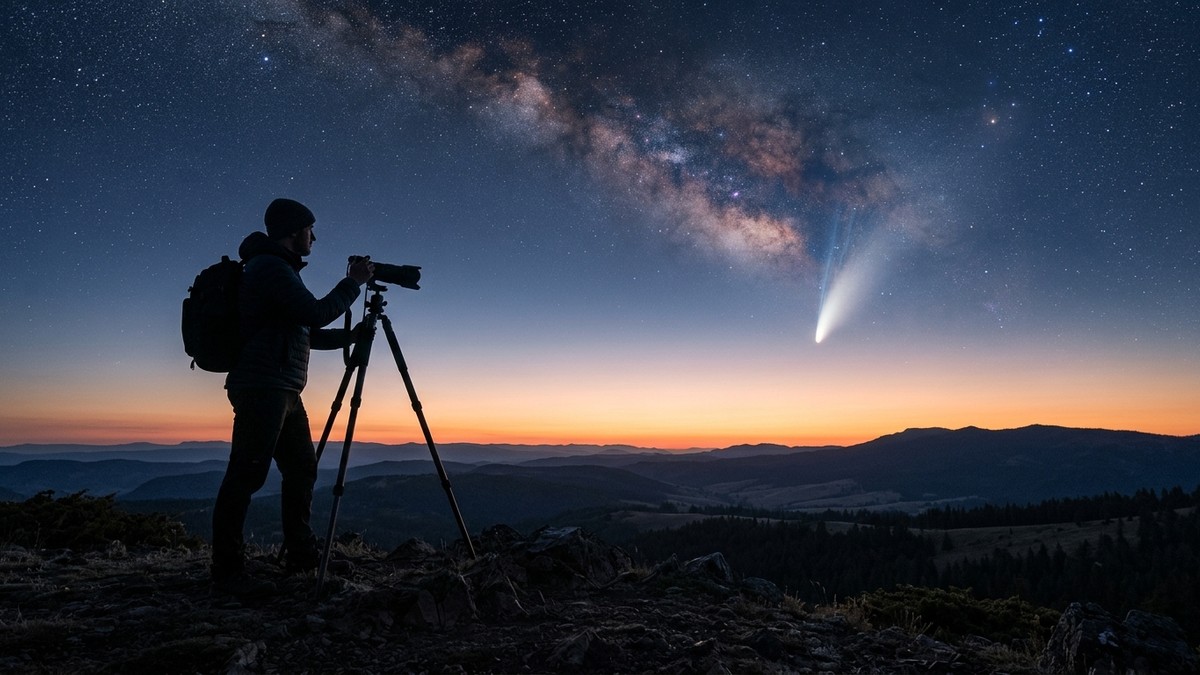 An astrophotographer silhouetted on a hilltop with a camera on a tripod, a comet visible in the predawn sky
