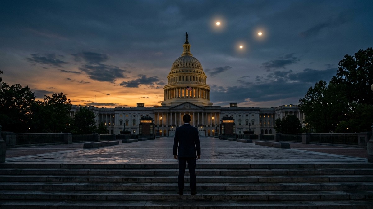 Dramatic evening view of the US Capitol with mysterious lights in the sky