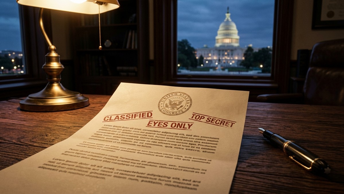 Dramatic view of the US Capitol dome at dusk with document papers overlaid