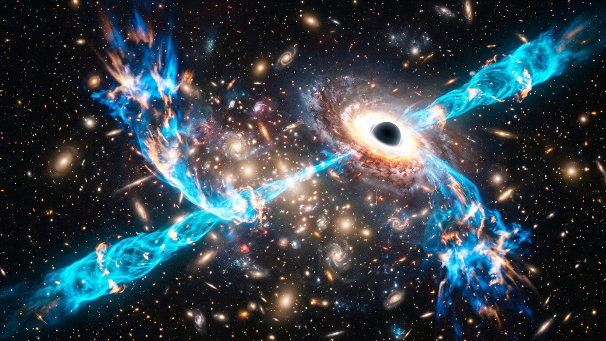 Artist's impression of twin plasma jets erupting from a reawakened black hole, bending as they crash into galaxy cluster gas