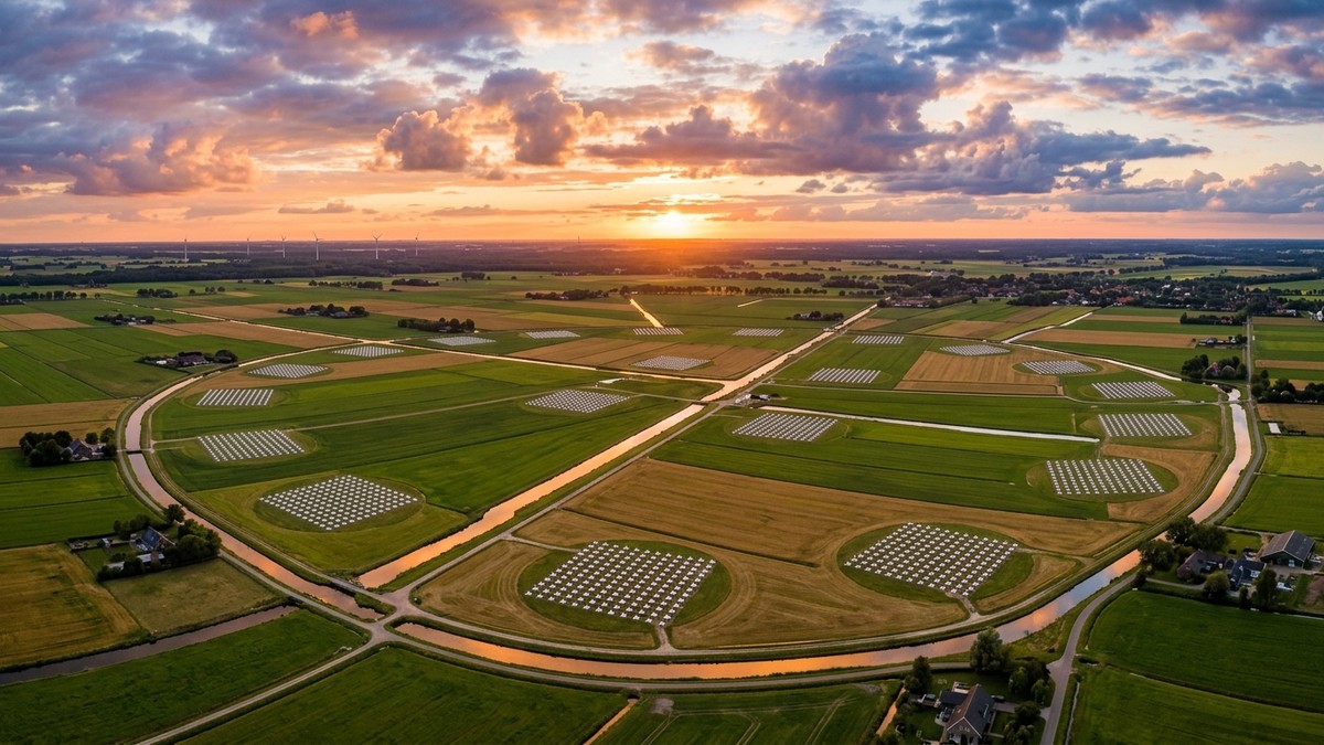The LOFAR radio telescope array spread across flat Dutch fields at golden hour