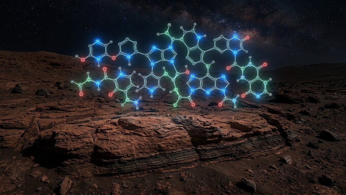 Artistic illustration of organic molecules and DNA-like structures against a Mars landscape