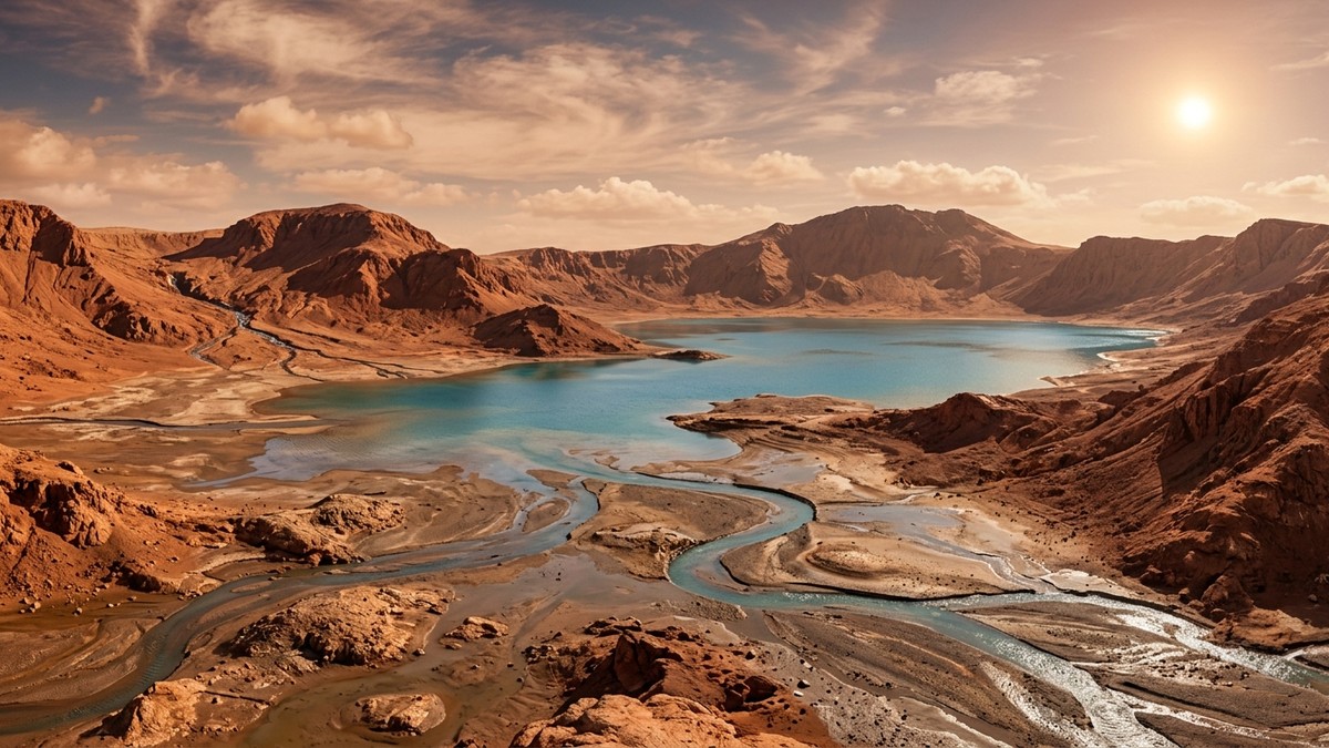 Illustration of ancient Gale Crater on Mars with lakes and streams billions of years ago
