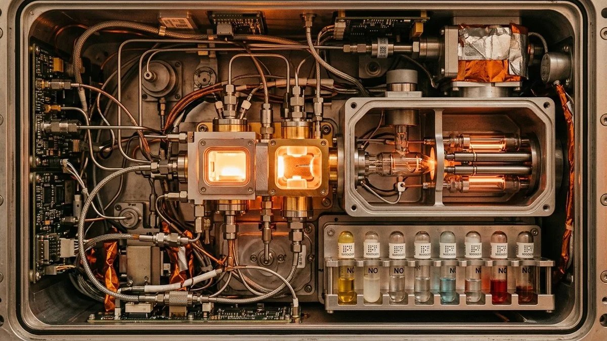 Illustration of Curiosity rover's SAM instrument analysing a rock sample inside its laboratory