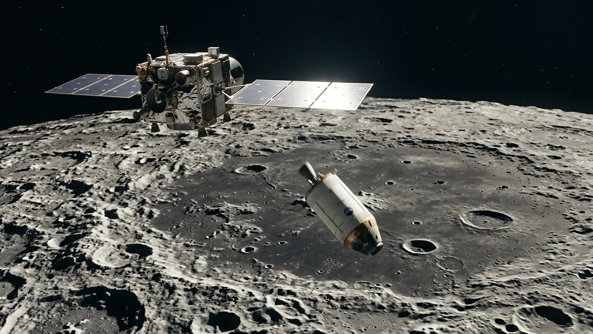 A small spacecraft orbiting above the grey cratered surface of the Moon with a tumbling rocket stage in the distance