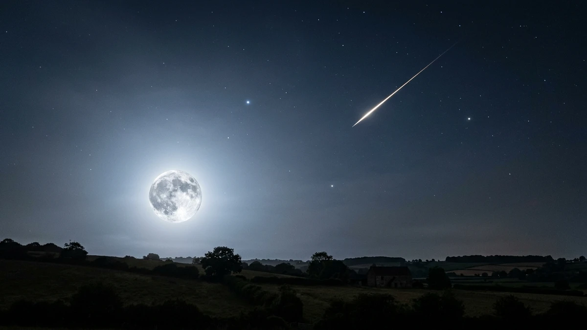A bright full Moon low in a summer sky washing out fainter meteors, with a single bright meteor streaking above a dark UK horizon