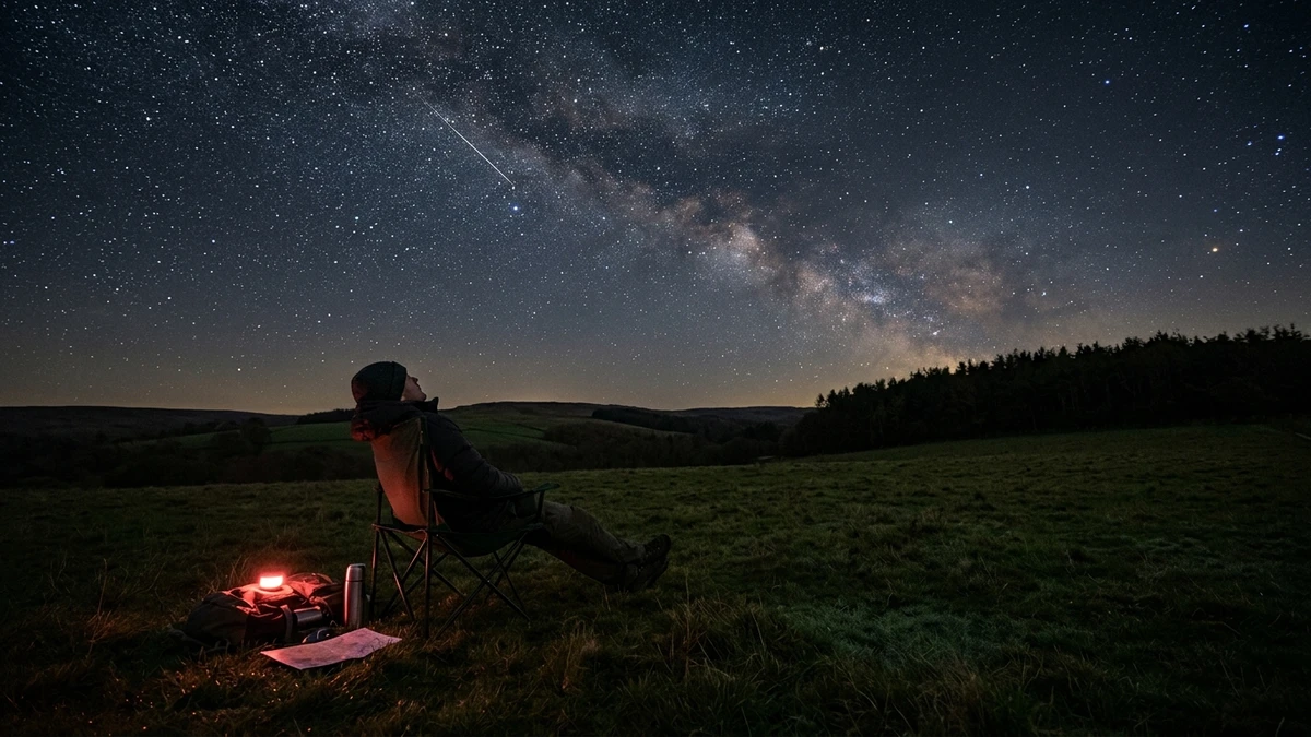 A stargazer reclining in a chair in a dark UK field at night, looking up at a wide starry sky with a faint meteor overhead