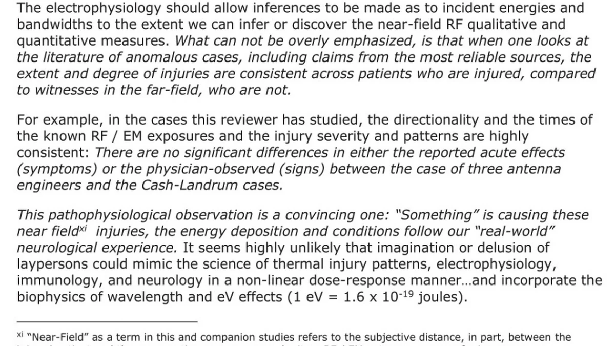 Page 12 of the DIA injury paper, with the italicised claim that there are no significant differences between the three antenna engineers and the Cash-Landrum cases, and that something is causing these near-field injuries