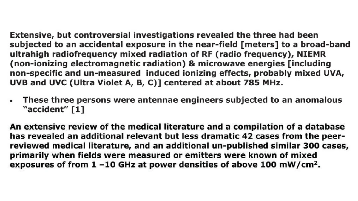 Preface of the DIA injury paper stating that the three had an accidental near-field exposure to broadband radio-frequency radiation centred at about 785 MHz, and that they were antenna engineers subjected to an anomalous 'accident'