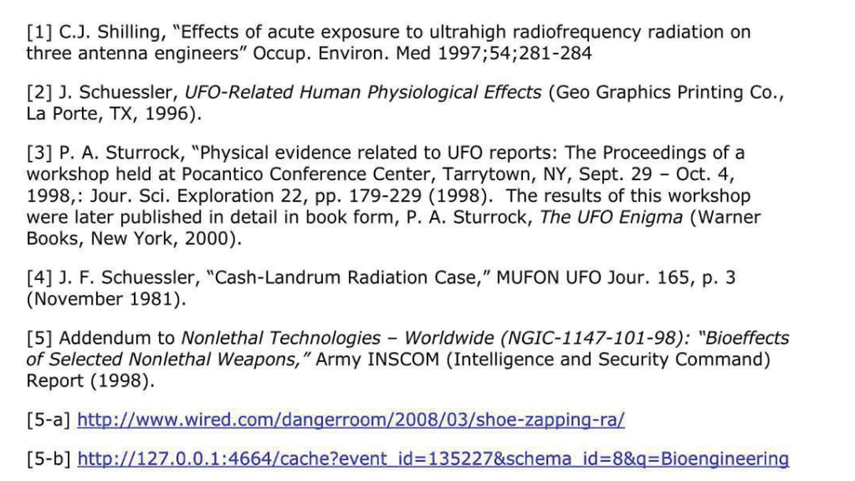 The reference list of the DIA injury paper, with reference 1 a 1997 Occupational and Environmental Medicine paper on three antenna engineers, followed by Schuessler's UFO physiological effects catalogue and his 1981 Cash-Landrum article