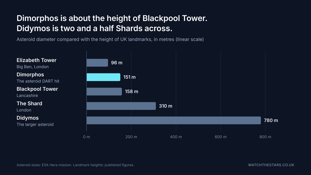 Bar chart comparing asteroid sizes with UK landmarks: Elizabeth Tower 96 metres, Dimorphos 151 metres, Blackpool Tower 158 metres, The Shard 310 metres and Didymos 780 metres