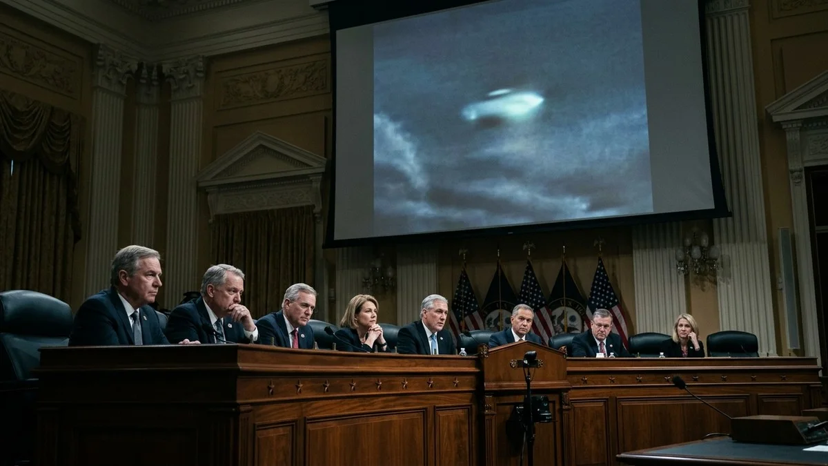 Dramatic scene of a Congressional hearing room with dramatic lighting, evoking the UAP hearings backdrop of 2026