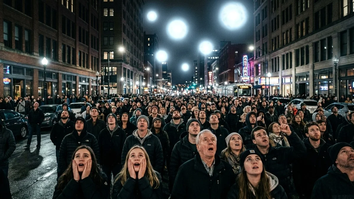 Cinematic impression of the Disclosure Day film atmosphere — mysterious lights over a city at night, crowds looking up in awe
