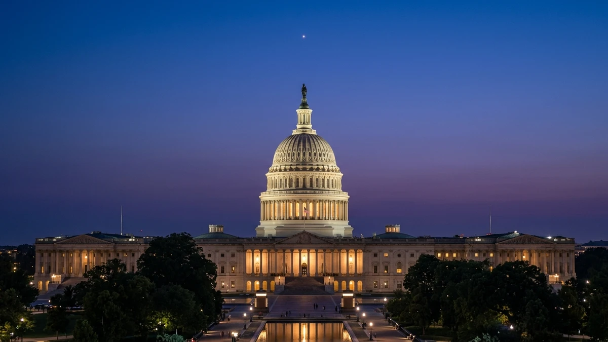 The US Capitol dome at dusk under a deep blue sky, with a faint point of light high above it