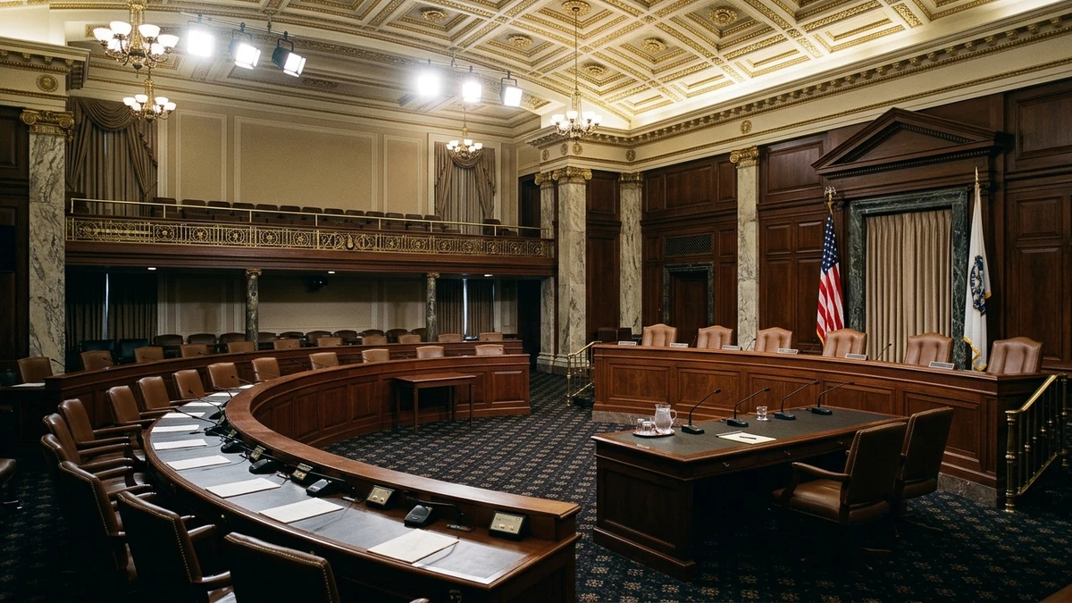A grand US Senate hearing room with rows of seats, ornate columns and a long witness table beneath bright overhead lighting