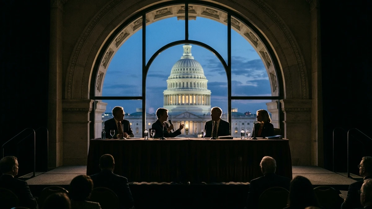 Silhouettes of speakers at a long panel table on a stage, with the US Capitol dome visible through a tall window behind them