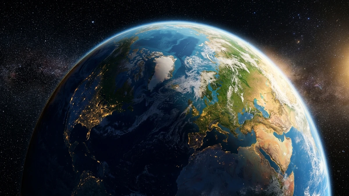 Earth from space showing its tilted axis with sunlight striking the northern hemisphere at a steep angle