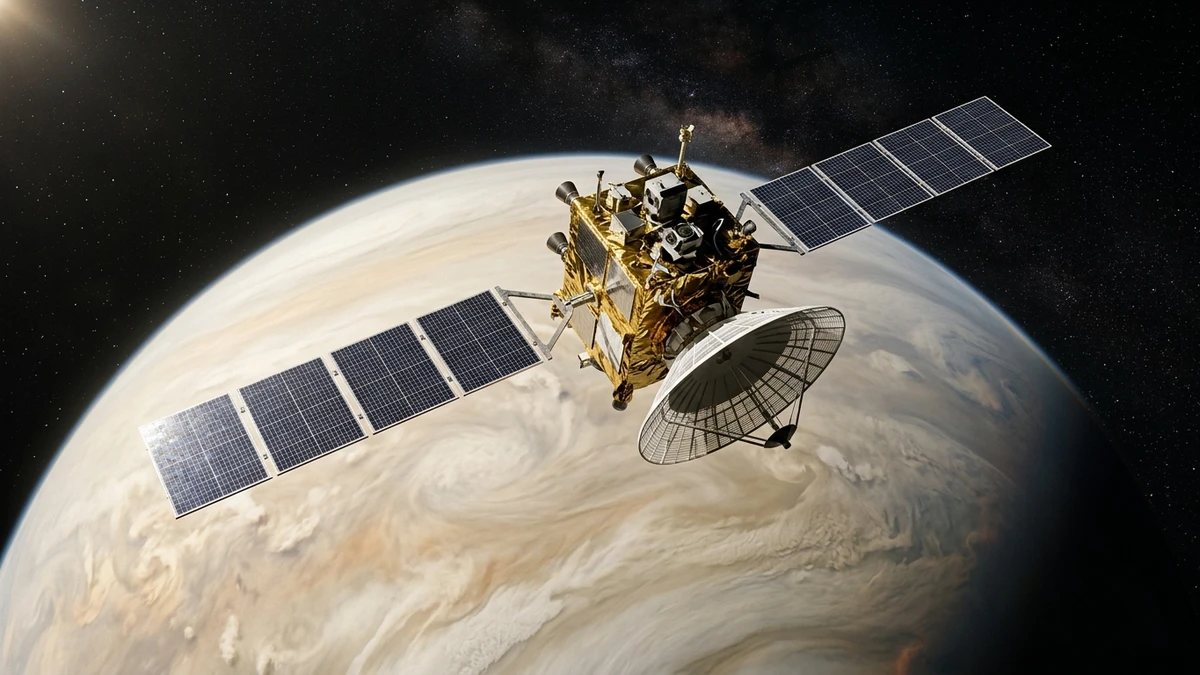 Artist's impression of ESA's EnVision spacecraft in orbit above the clouds of Venus with its radar instruments studying the surface