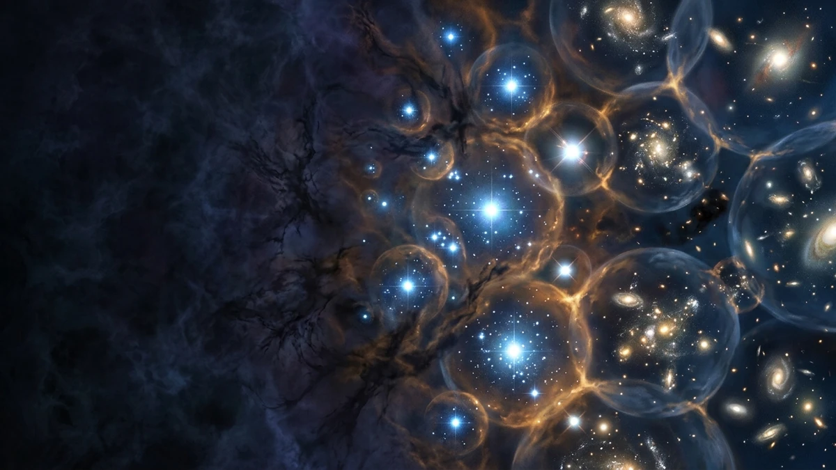 A timeline of the early universe from the Big Bang through the dark ages to the first stars, galaxies and quasars lighting up and clearing the cosmic fog
