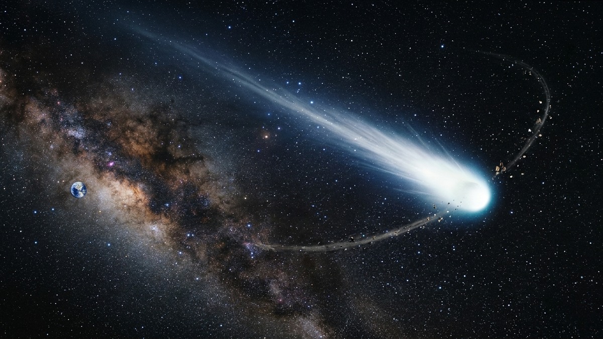 Artistic depiction of Halley's Comet with its bright tail leaving a trail of debris particles along its orbital path