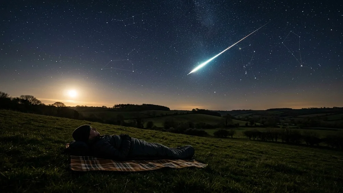 A bright meteor visible in a predawn sky despite moonlight, with a waning gibbous Moon low in the west and the observer facing east
