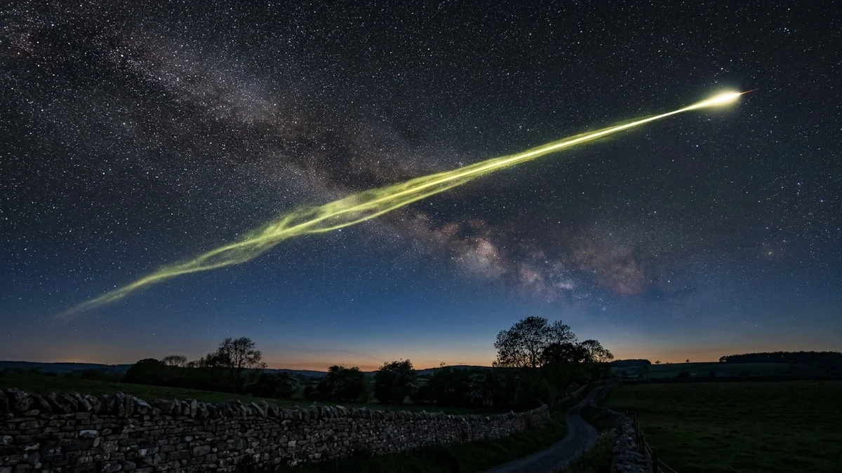 A bright Eta Aquariid meteor with a long glowing train streaking across the predawn sky above the English countryside