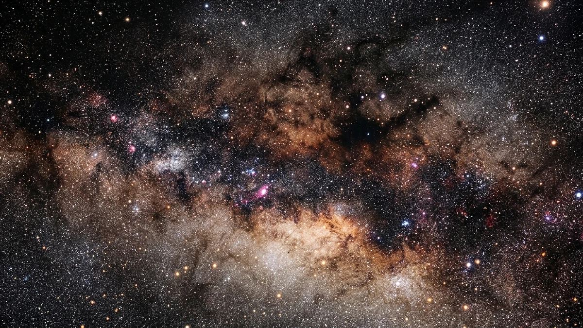 An extraordinarily dense field of stars in the heart of the Milky Way, thousands of pinpoints of white, gold and red light packed together with dark dust lanes threading through