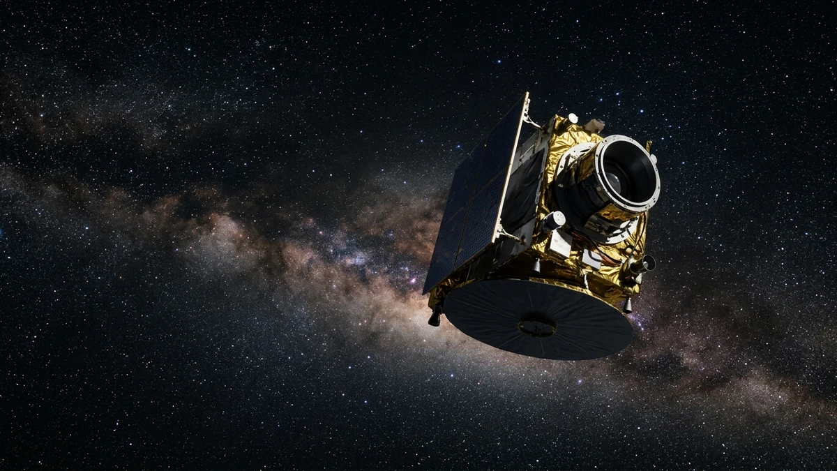 The Euclid space telescope in deep space, a boxy spacecraft with a large sunshield and solar panel, the distant Milky Way glowing behind it