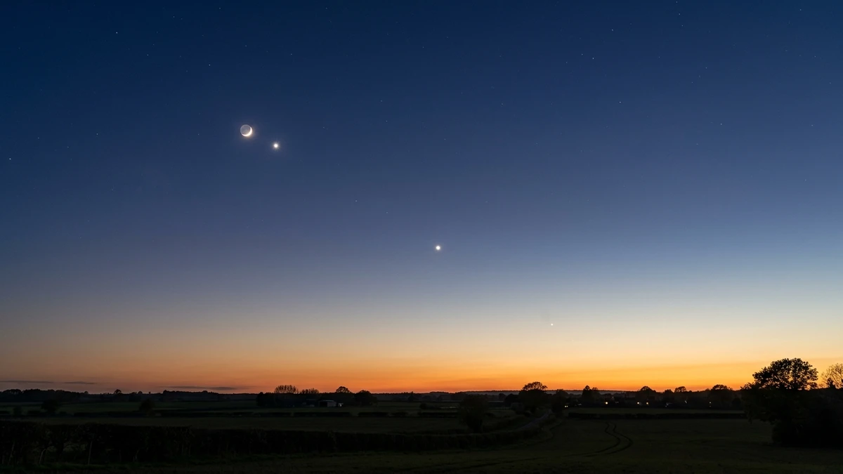 Twilight scene showing the crescent Moon and Venus with Jupiter and Mercury strung below them towards the west-northwest horizon