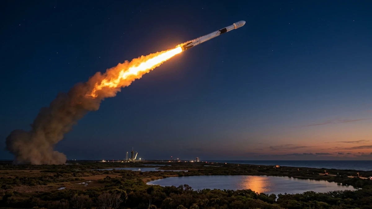 A Falcon 9 rocket climbing into a dark sky on a column of flame, carrying two Moon landers away from Earth