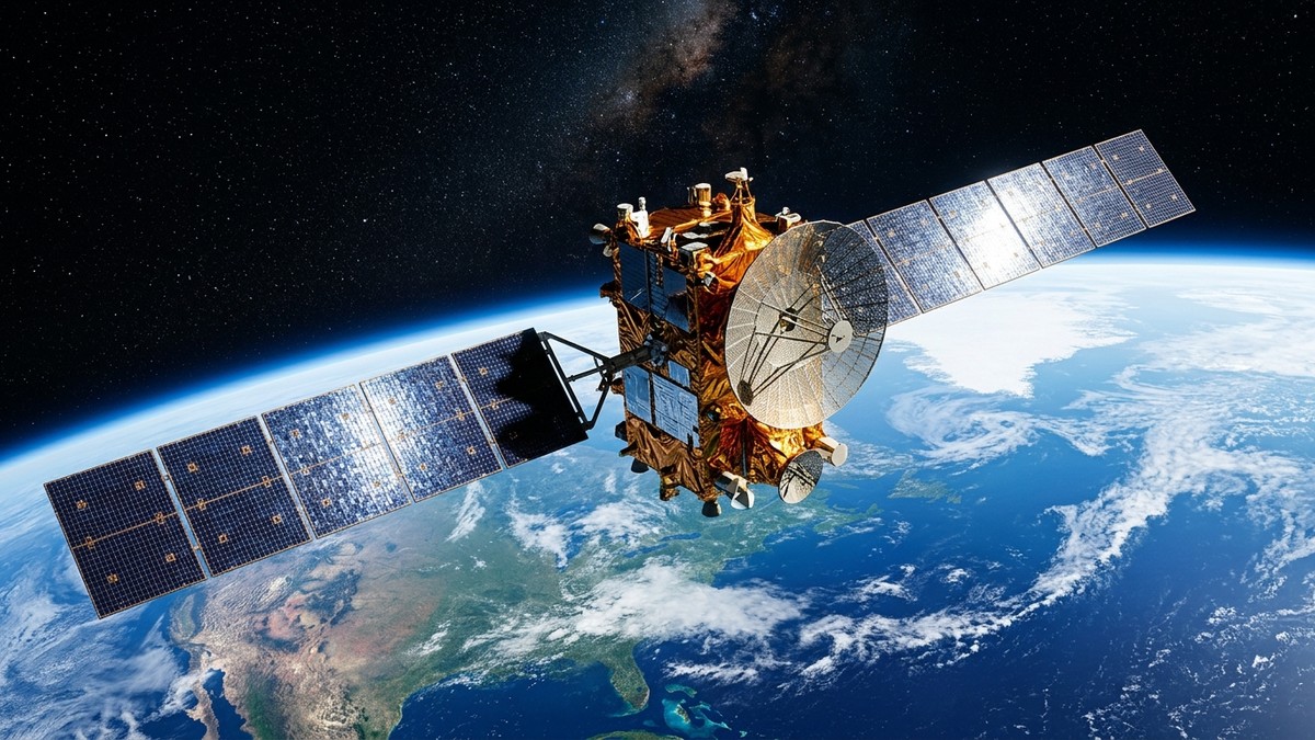 Communications satellite with large solar arrays deployed above Earth