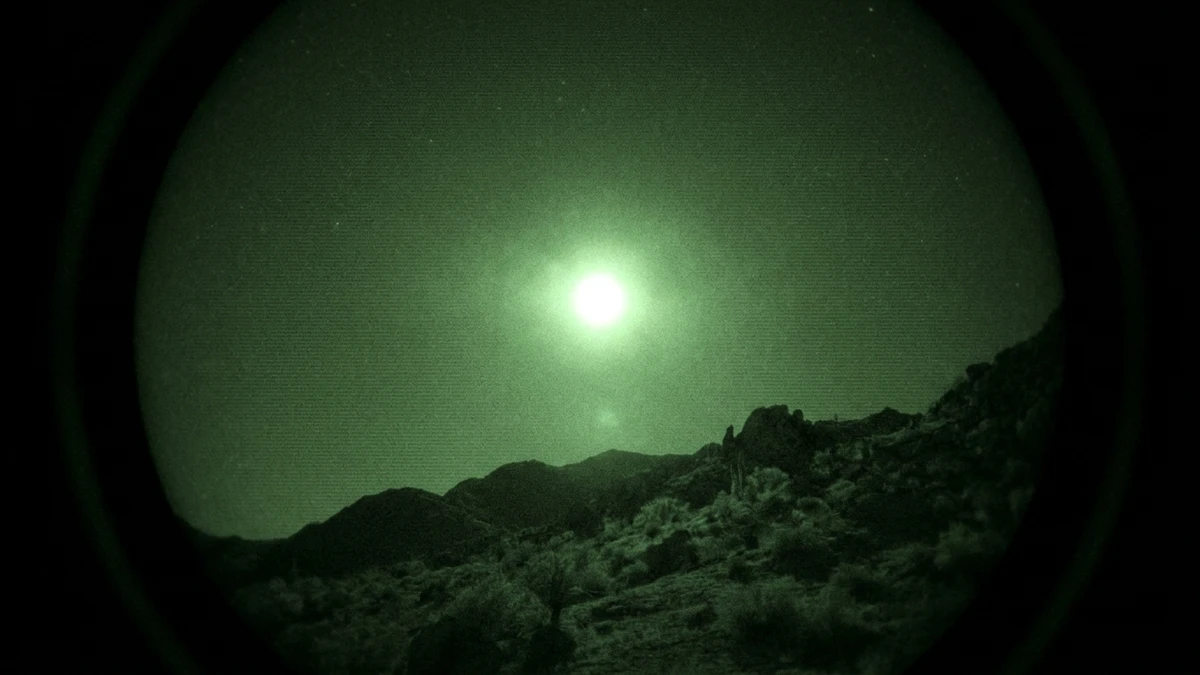 View through night-vision optics showing a red light appearing as a glowing orb with a halo above a desert ridgeline