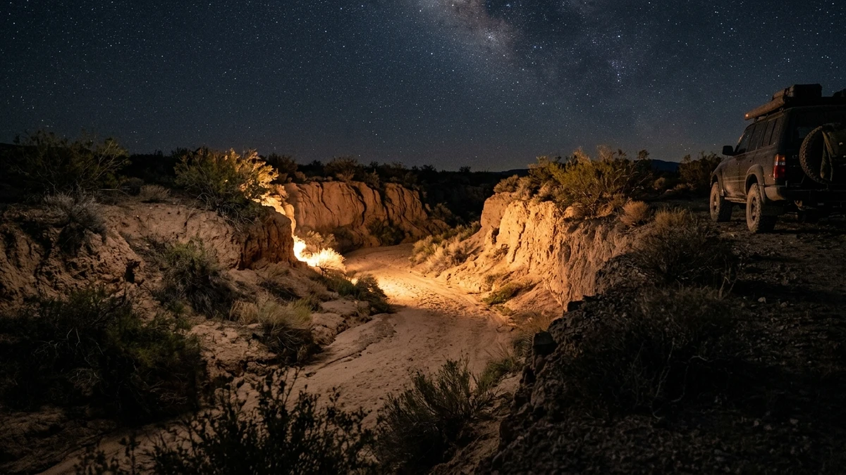 A faint glow moving through a dry desert wash at night, seen from behind a parked vehicle