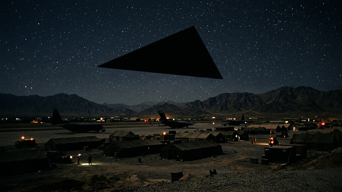 A huge dark equilateral triangle blocking out the stars above an airbase at night, seen from the ground