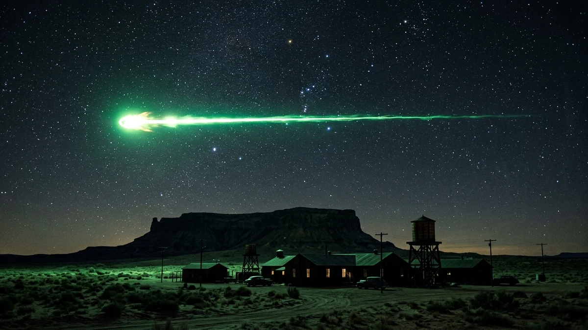 A brilliant green fireball crossing horizontally above a dark New Mexico mesa at night, with low buildings silhouetted below