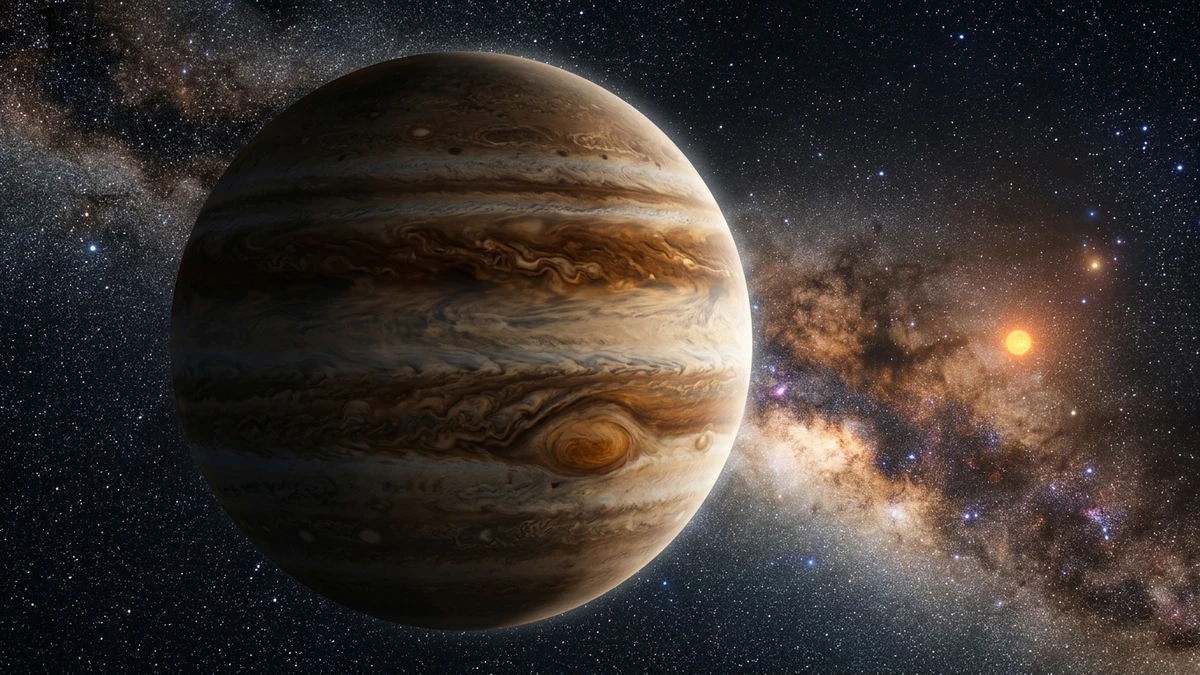Artist's impression of Gaia23bra b, a banded super-Jupiter gas giant orbiting a distant orange dwarf star