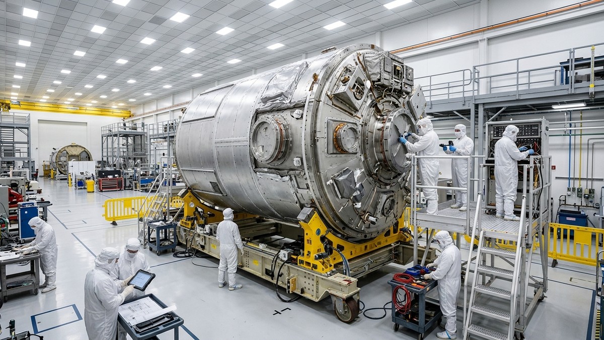Engineers in a cleanroom facility working on the HALO space habitat module