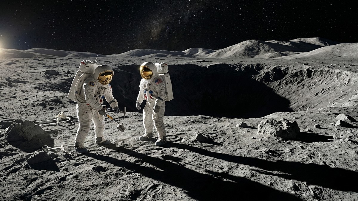 Astronauts exploring the lunar south pole surface in spacesuits, with a permanently shadowed crater behind them