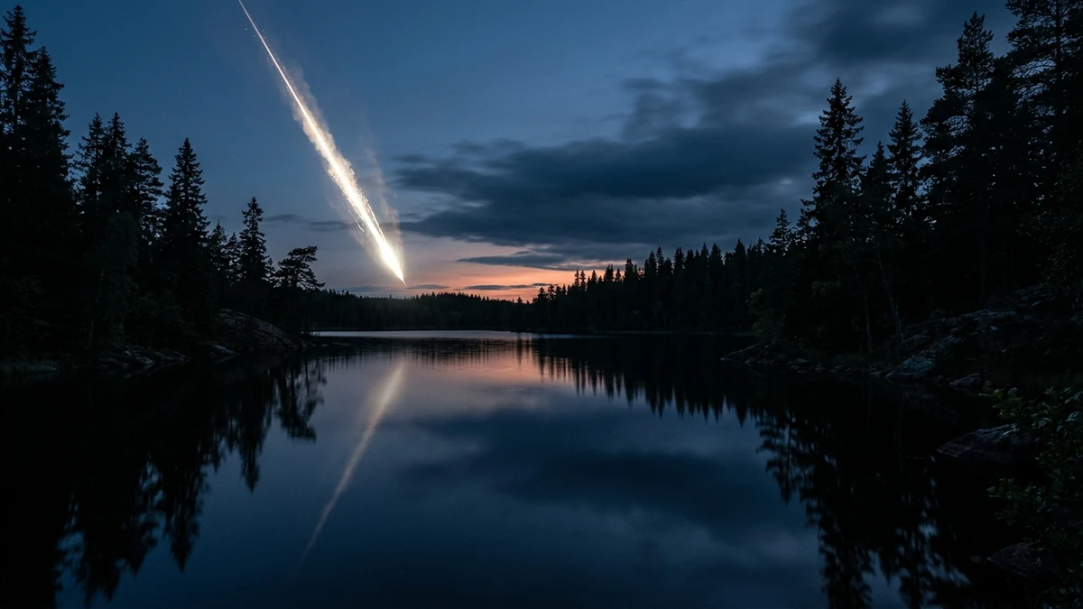 A calm forest lake at dusk with a streak of light descending toward the water
