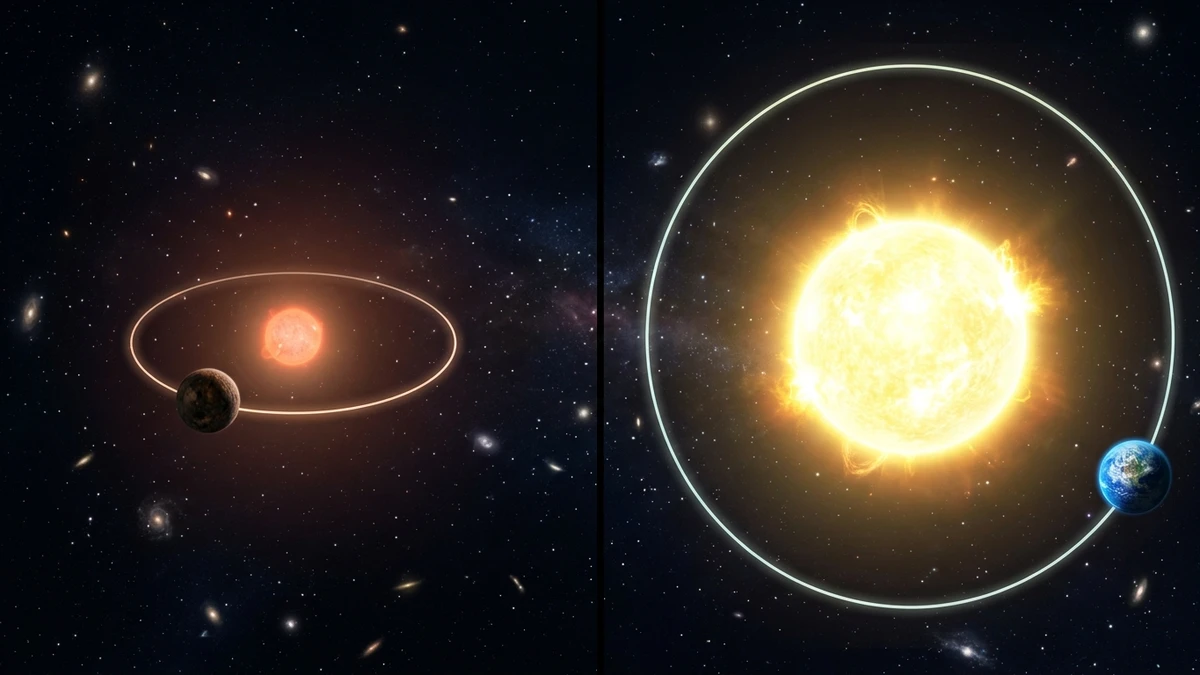 A small dim red dwarf star with a rocky planet orbiting close to it, shown next to the much larger and brighter Sun with Earth orbiting further out