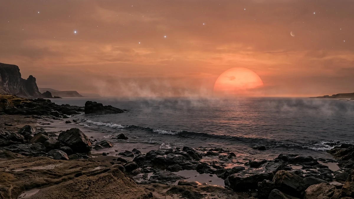 Artist's impression of the surface of GJ 3378b, with a rocky shoreline, a calm dark sea and a huge dim red sun hanging in a hazy orange sky