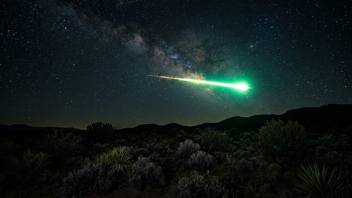 Green fireball streaking horizontally across a dark New Mexico night sky above desert scrubland, with a faint light bloom across the horizon