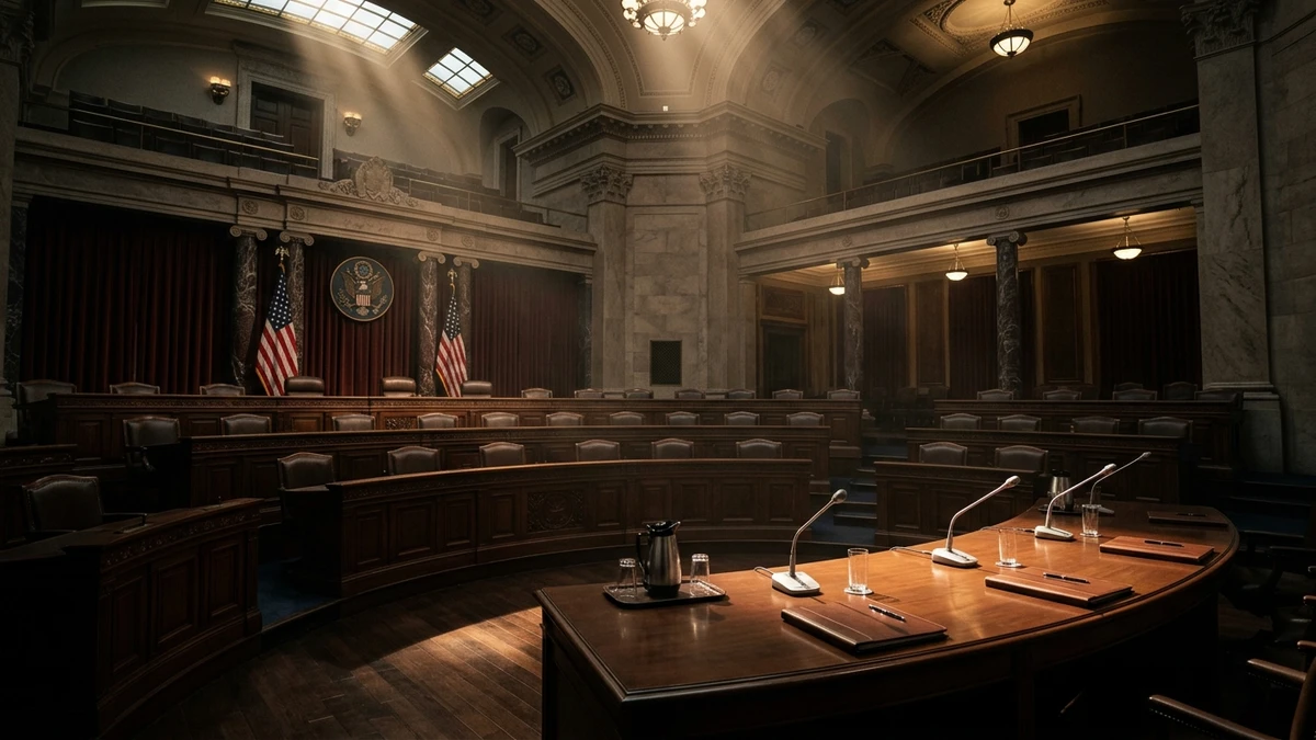 Grand US government hearing chamber with empty witness table and microphones under dramatic overhead lighting