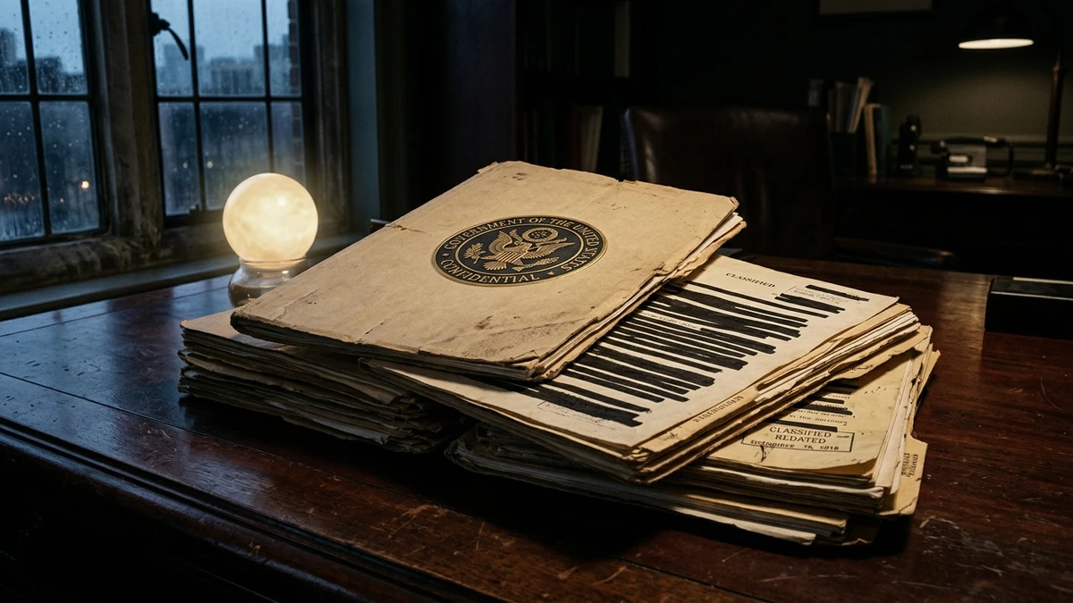 Stack of classified government documents with redaction marks and an official government seal on a dark desk