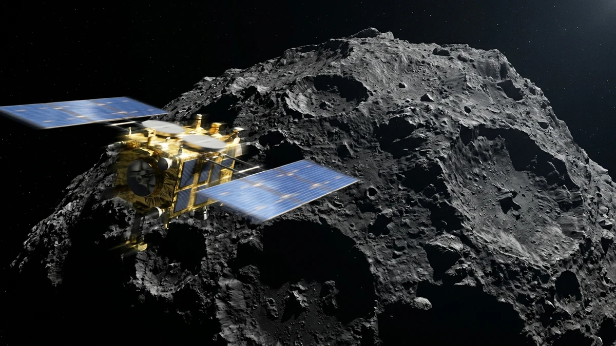The Hayabusa2 spacecraft streaking past a dark asteroid at close range, motion blur suggesting its 5.3km per second speed