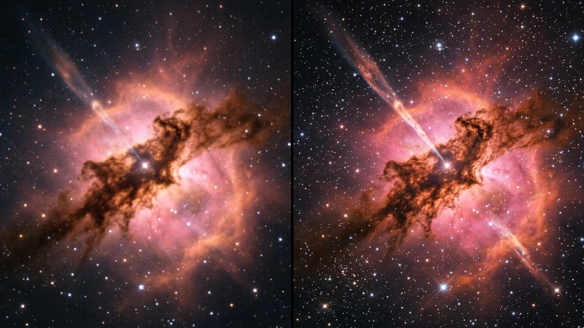 Side-by-side comparison concept showing how the Trifid Nebula has changed between 1997 and 2026 Hubble observations