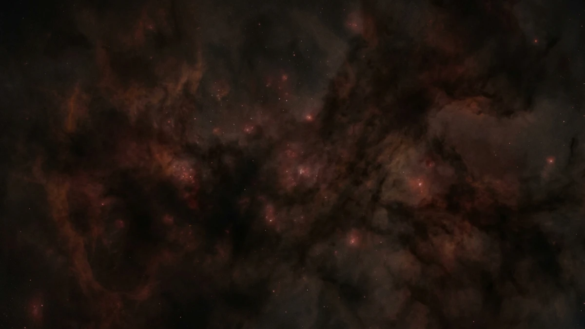 The early universe rendered as a thick, dark reddish fog of hydrogen gas with faint, smothered points of starlight struggling to shine through the murk