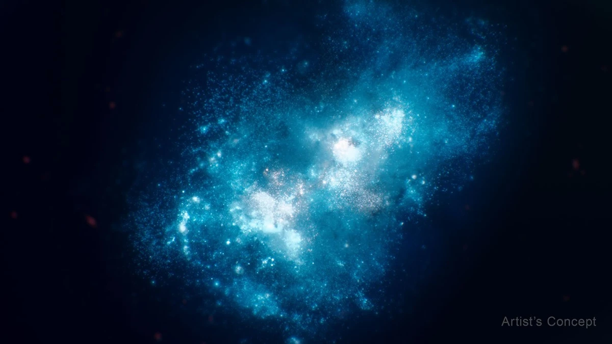 Artist's concept of galaxy MXDFz4.4: a small, chaotic, intensely blue galaxy crammed with bright knots of young stars against black space