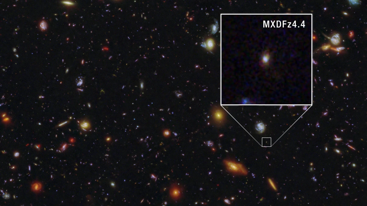 A Hubble and Webb deep field crowded with thousands of distant galaxies against black space, with the faint galaxy MXDFz4.4 marked by a small box and enlarged in an inset at the top